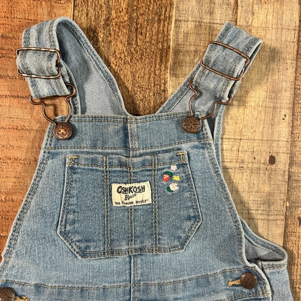 OshKosh B'gosh Blue Denim Floral Strawberry Embroidered Snap Leg Overalls 18M